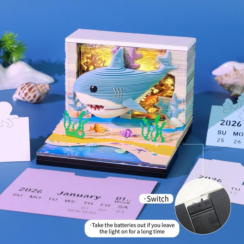3D Christmas 2026,3D Shark Ocean Underwater World Time Piece Calendar with LED Light,Sticky Note Pad Paper Carving Art Craftwork Desk Decor Gift for Birthdays Holidays Christmas - Image 4